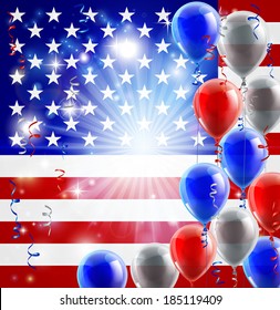 A patriotic American USA 4th July or veterans day background with red white and blue party balloons