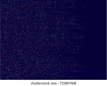 Patriotic American vector background, festive pattern with flying, falling red, blue, white stars in colors of the United States' flag. Independence Day banner or poster with bright stars confetti.