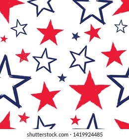 Patriotic American Vector Seamless Pattern with Handdrawn Red and Blue Stars on White Background