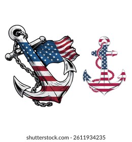 Patriotic Anchor Illustrations with American Flag Elements.