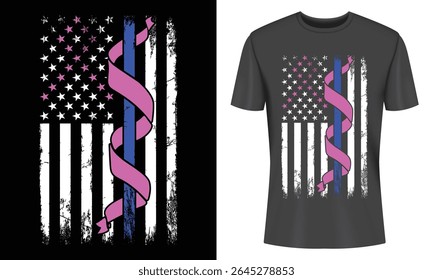 Patriotic apparel design showcasing a distressed American flag with a thin blue line and pink ribbon. Perfect for law enforcement supporters and breast cancer awareness.
