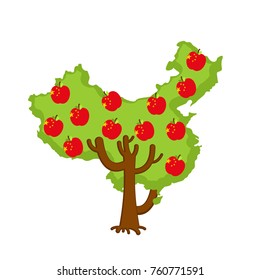 Patriotic apple tree China map. apples Chinese flag. National State Plant. Vector illustration