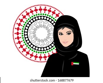 A patriotic Arab woman; wearing her country United Arab Emirates flag badge with a United Arab Emirates flag colors Arabic pattern motif in the background.
