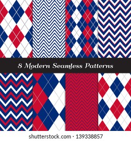 Patriotic Argyle and Chevron Patterns in Red, White and Blue with Silver lines. Perfect as 4th of July or Nautical background. Pattern Swatches made with Global Colors.