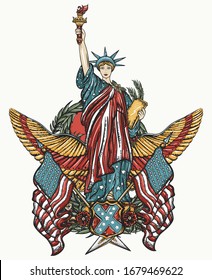 Patriotic art. Statue of liberty, eagle, flag and map. United States of America. Old school tattoo style. History and culture. Traditional USA concept 