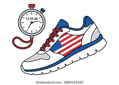 Patriotic athletic sneaker with flag pattern paired with sports timer for fitness and marathon event.