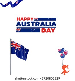 Diseño del Día Patriótico de Australia con la bandera nacional en un poste con globos coloridos y tipografía audaz para eventos conmemorativos.
