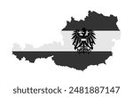 Patriotic Austria map flag, coat of arms vector silhouette illustration isolated. Burgenland, Carinthia, Lower, Upper Austria, Salzburg, Styria, Tyrol, Vienna, Voralberg. Emble banner national symbol.