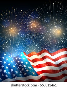 Patriotic background with american flag and fireworks, background for fourth of july, independence day. EPS 10, contains transparency.