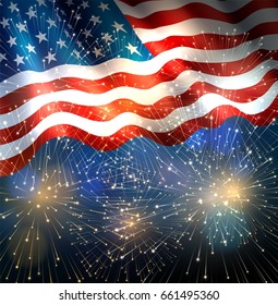 Patriotic background with american flag and fireworks, background for fourth of july, independence day. EPS 10, contains transparency.