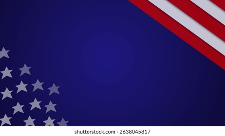 Patriotic background with a dark blue gradient, faded stars on the left, and red-white diagonal stripes in the top right corner, symbolizing an American-themed design.