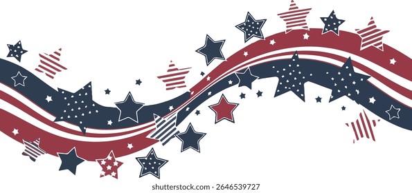 A patriotic background featuring a wavy red and blue stripe pattern adorned with stars in various patriotic designs, evoking a sense of celebration and national pride.