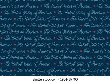 Patriotic background for July 4th or United States of America in blue with cursive text red star pattern in handwriting font. USA vector design for veterans day or memorial day in decorative pattern.