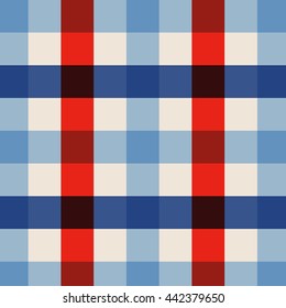 Patriotic background patterns for Independence Day in red, white and blue with stars and stripes, chevron stripes, checks. Seamless geometric 4th July wallpapers, textiles, scrap booking. 