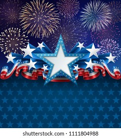 Patriotic background with star shape banner, fireworks and ribbons, EPS 10, contains transparency.