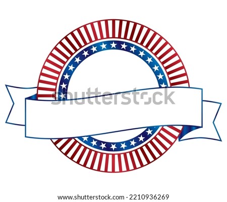 Patriotic badge with blank ribbon to insert your own title. Red, white and blue stars and stripes banner isolated on white. American icon. Veteran owned icon