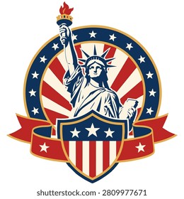 Patriotic badge featuring Statue of Liberty with shield for American celebration branding