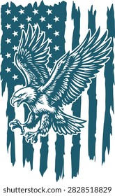 Patriotic bald eagle flying over American flag in vintage woodcut style