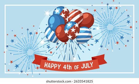 Patriotic balloons with stars and stripes against a backdrop of fireworks. Vibrant red, white, and blue colors dominate