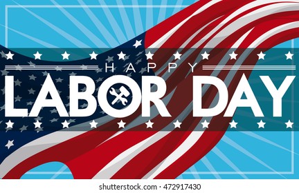 Patriotic banner with American flag waving to celebrate Labor Day.