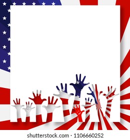 Patriotic banner poster background of the American flag with hands up Creative patriotic concept background on Independence Day elections voting and holidays Patriotic pattern template Flag USA Vector