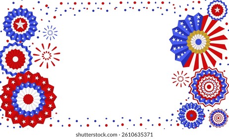 Patriotic banner with red, white, and blue starburst designs and fireworks frame