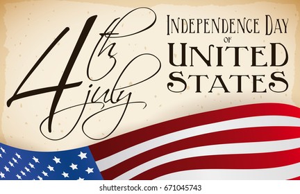 Patriotic banner with U.S.A. flag and a handwritten scroll with Independence Day date.