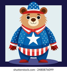 Patriotic bear wearing hat and costume in colors of the American flag, celebrating 4th July independence day. Cute cartoon patriotic animal character. 