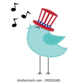 Patriotic bird wearing uncle sam hat singing with notes, transparent background, vector format