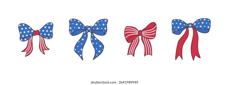 Patriotic Bow and Ribbon Vector Illustration in Red, White, and Blue for 4th of July Celebration, Festive Design with Stars and Stripes Perfect for Independence Day and National Holiday Decor