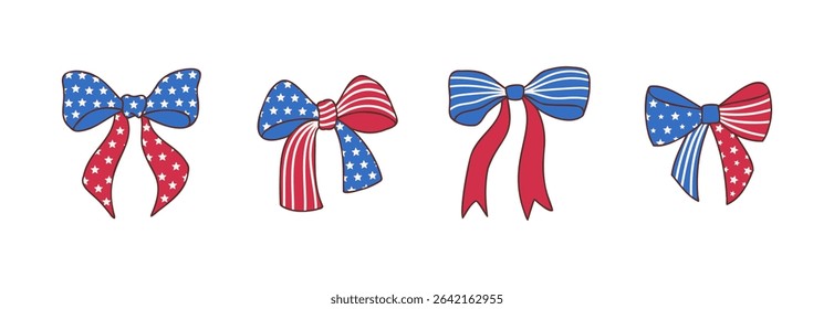 Patriotic Bow and Ribbon Vector Illustration in Red, White, and Blue for 4th of July Celebration, Festive Design with Stars and Stripes Perfect for Independence Day and National Holiday Decor