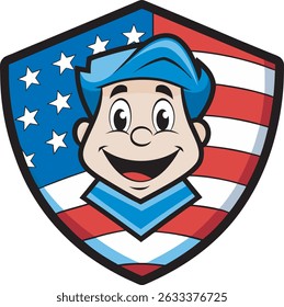 Patriotic Boy Cartoon Character with American Flag
