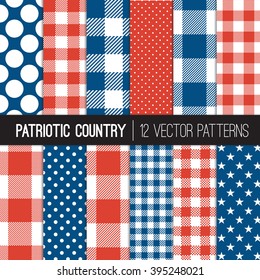 Patriotic Buffalo Check Plaid,  Gingham, Stars and Polka Dots Country Style Patterns in Red, White and Blue. Perfect for Election or July 4th Background. Pattern Swatches made with Global Colors.