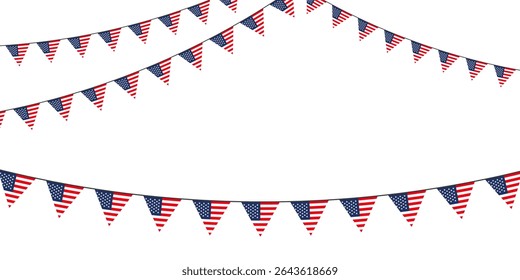 Patriotic bunting with American flag pennants in red, white, and blue—ideal for festive USA-themed celebrations and national holidays.