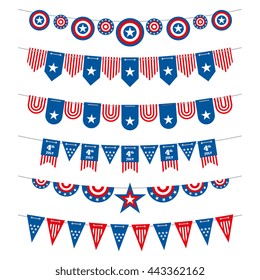 Patriotic Bunting American Flags Garlands For USA Independence Day 4th July And Presidential Elections. Flag To Independence Day Usa, Garlands And Flags Decoration Patriotic. Vector Illustration