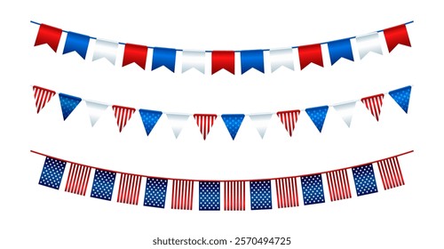 Patriotic Bunting Decorations in Red, White, and Blue Vector Set