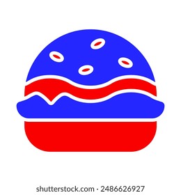 Patriotic burger icon. Blue and red colors with sesame seeds. Symbol of American cuisine, summer barbecues, and national pride.