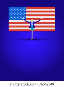 Patriotic business woman standing in front of American flag with arm up in the air on a background of blue.Available as a vector art or .jpg