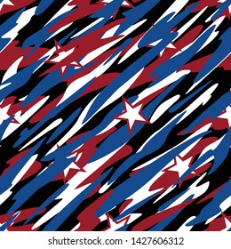 Patriotic Camouflage Red White and Blue with Stars American Pride Abstract Seamless Repeating Pattern Vector Illustration