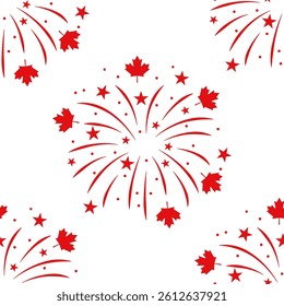 Patriotic Canadian Fireworks. Red maple leaf and star. Canada day