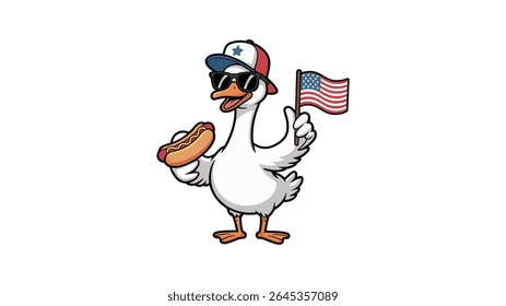 Patriotic Cartoon Goose with Holding a American Flag, Hot Dog, and Wearing a Sunglasses
