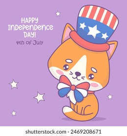 Patriotic cat with bow and hat in colors of American flag. Holiday cartoon kawaii pet. Postcard happy Independence Day. Vector illustration