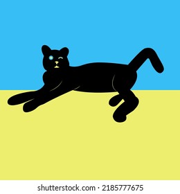 patriotic cat lies on a blue and yellow background