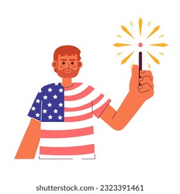 Patriotic caucasian man holding sparkler semi flat colorful vector character. Wearing american flag tshirt. Editable half body person on white. Simple cartoon spot illustration for web graphic design