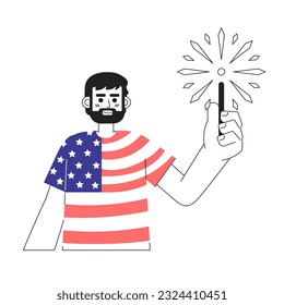 Patriotic caucasian man holding sparkler monochromatic flat vector character. Wearing american flag tshirt. Editable line half body person on white. Simple bw cartoon spot image for web graphic design