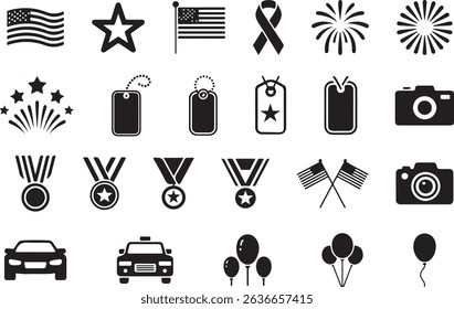 Patriotic Celebration and Achievement Icon Set in Black Silhouette vector
