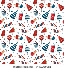 Patriotic children party food and decorations seamless pattern for Independence Day. Isolated on white background. 4th of July birthday accessory backdrop