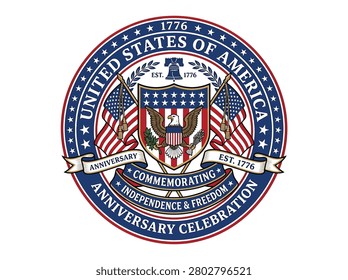 A patriotic circular emblem commemorating the United States of America's independence, featuring an eagle, American flags, and the Liberty Bell.