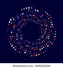 Patriotic circular frame made of red, white, and blue stars on a dark blue background, inspired by the colors of the American flag.