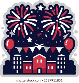 Patriotic City Skyline With Fireworks Fourth of July Celebration